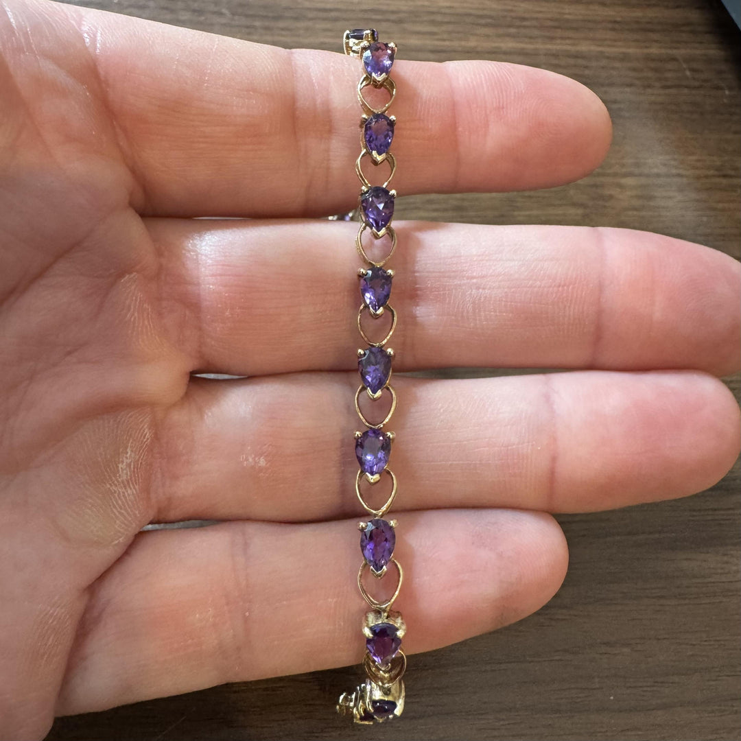 14k Yellow Gold and Amethyst 8.9g Ladies Vintage Heart Link Bracelet 7.25"