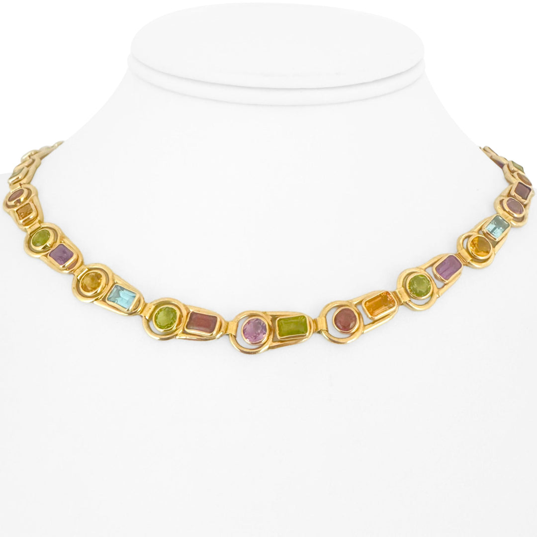 14k Yellow Gold and Multi Gemstone 23.9g Ladies Fancy Link Necklace 16"
