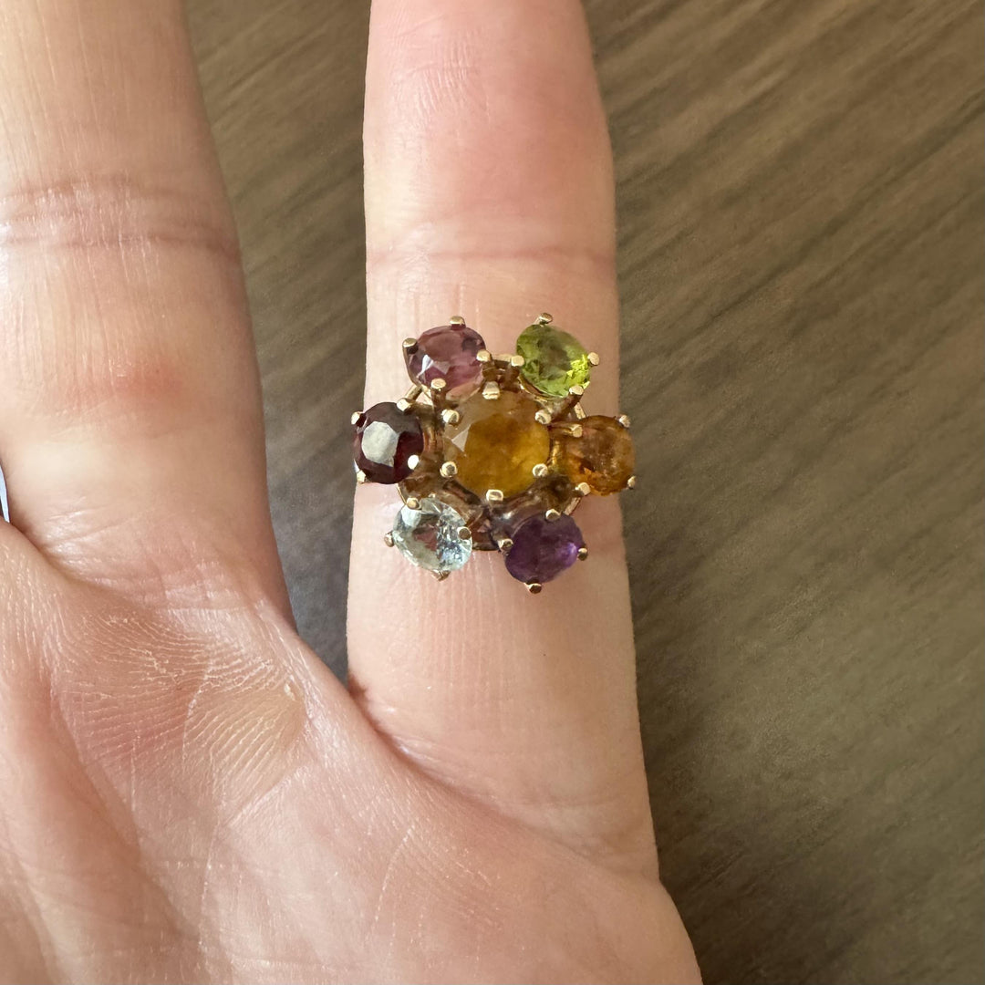 18k Yellow Gold and Multi Gemstone Ladies Floral Ring Size 7.5
