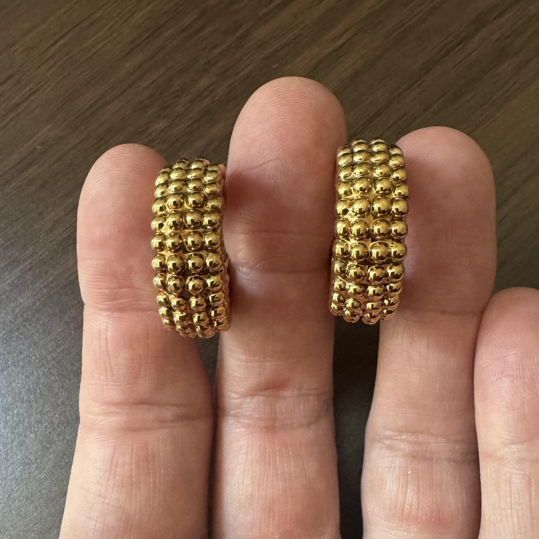 18k Yellow Gold 11.5g Vintage Beaded Thick Hoop Earrings Italy 1"