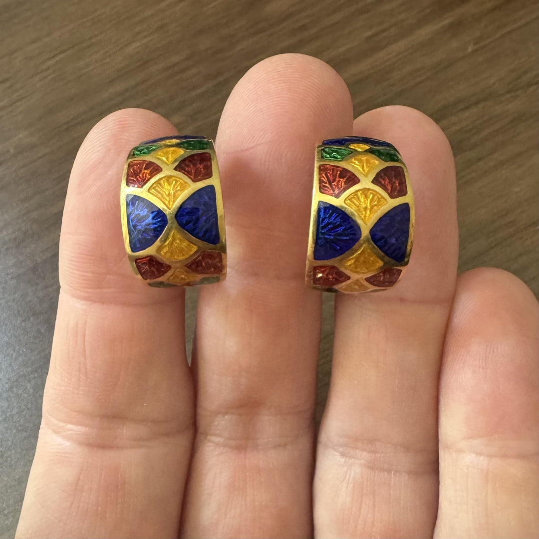 18k Yellow Gold and Enamel 10.7g Ladies Huggie Earrings Italy