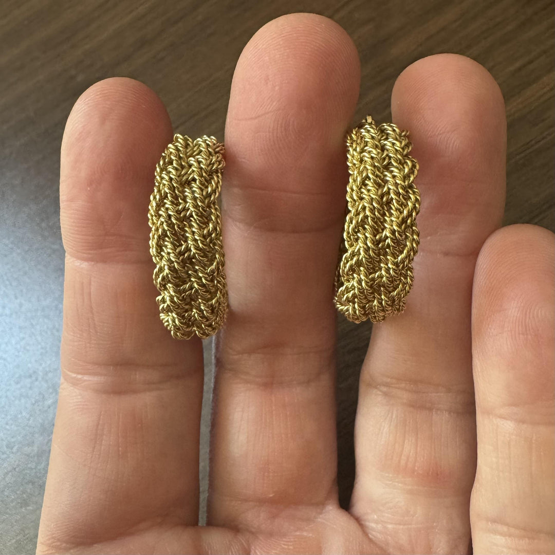 18k Yellow Gold 22g Solid Heavy Braided Rope Hoop Earrings 1.25"