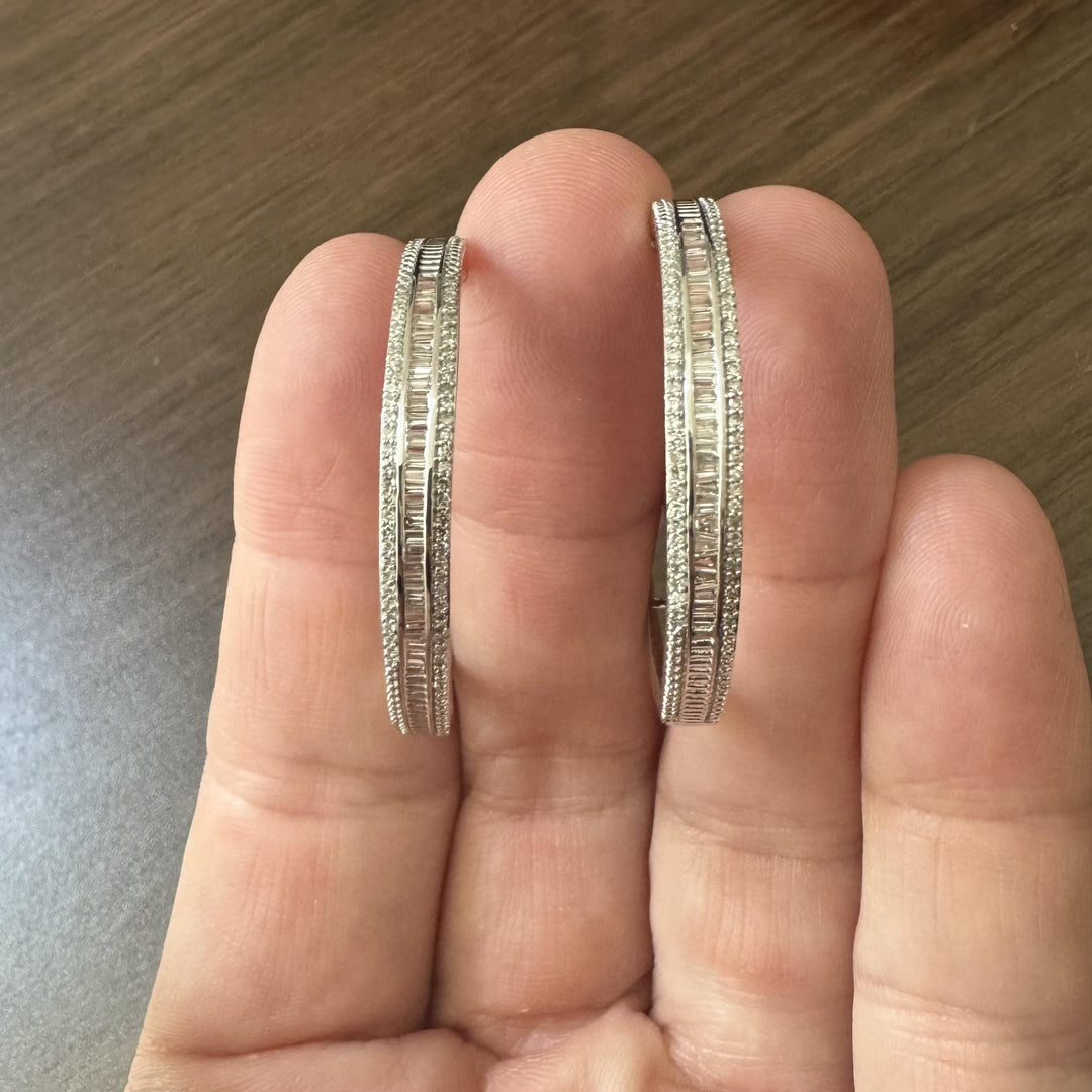 14k White Gold and 1cttw Baguette and Round Cut Diamond Hoop Earrings 1.5"
