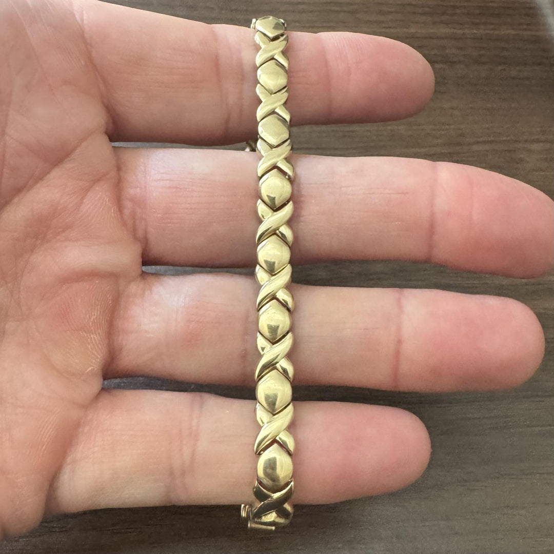 14k Yellow Gold 13g Ladies Polished Hugs and Kisses XO Link Bracelet 7"