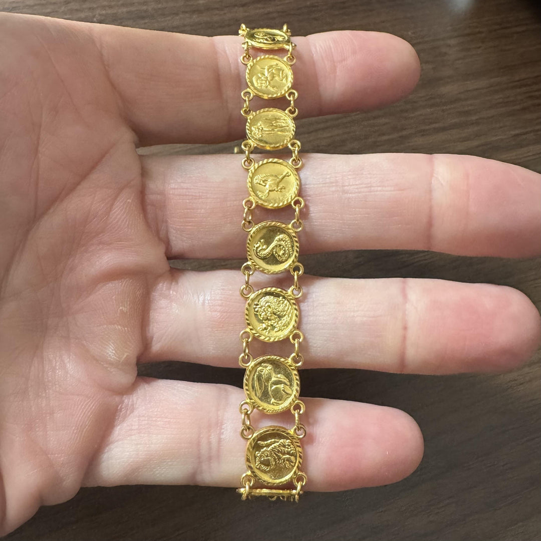 24k Pure Yellow Gold 16.6g Ladies Animal Coin Charm Link Bracelet 7"