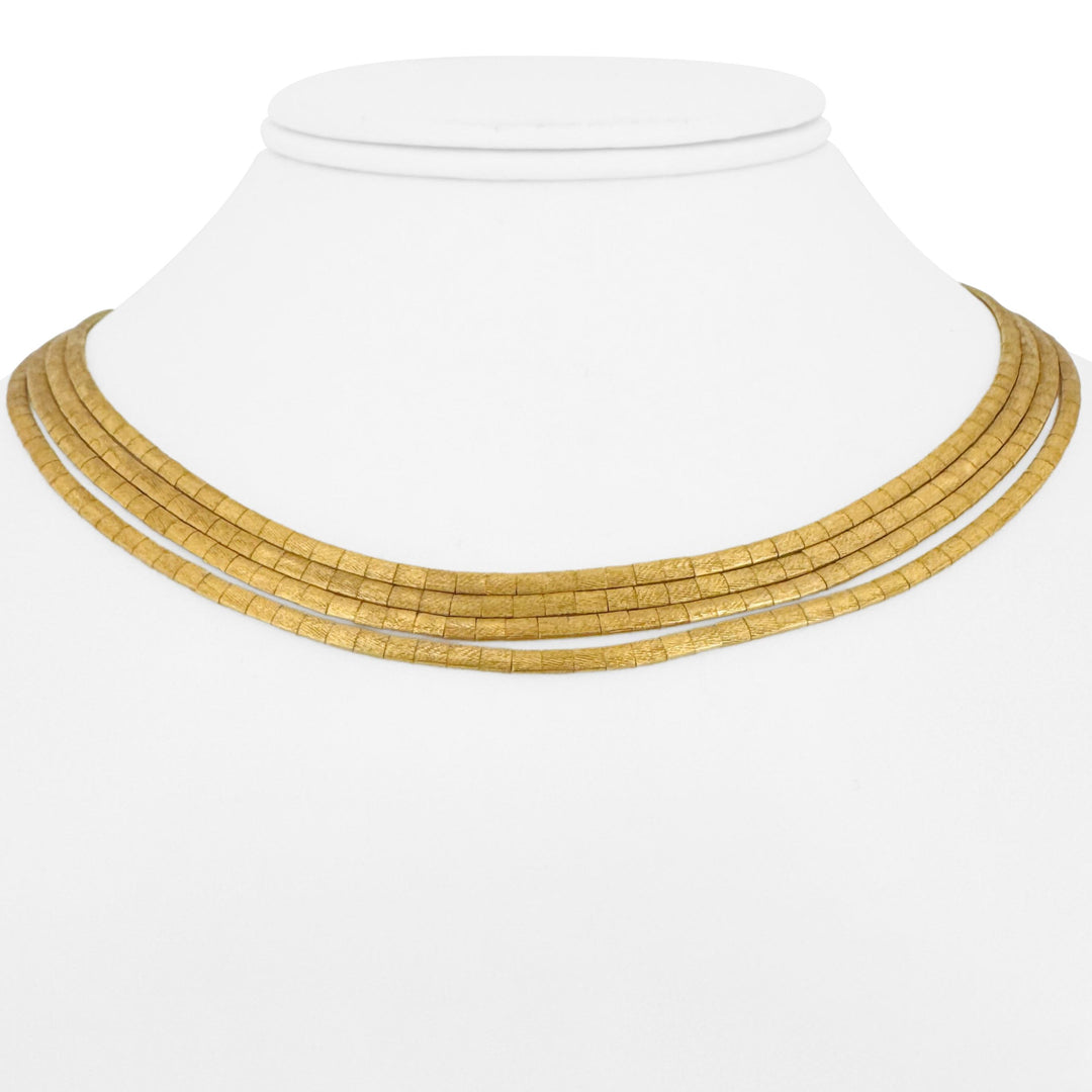 18k Yellow Gold 53.5g Vintage Satin Finish Four Strand Omega Necklace Italy 16"