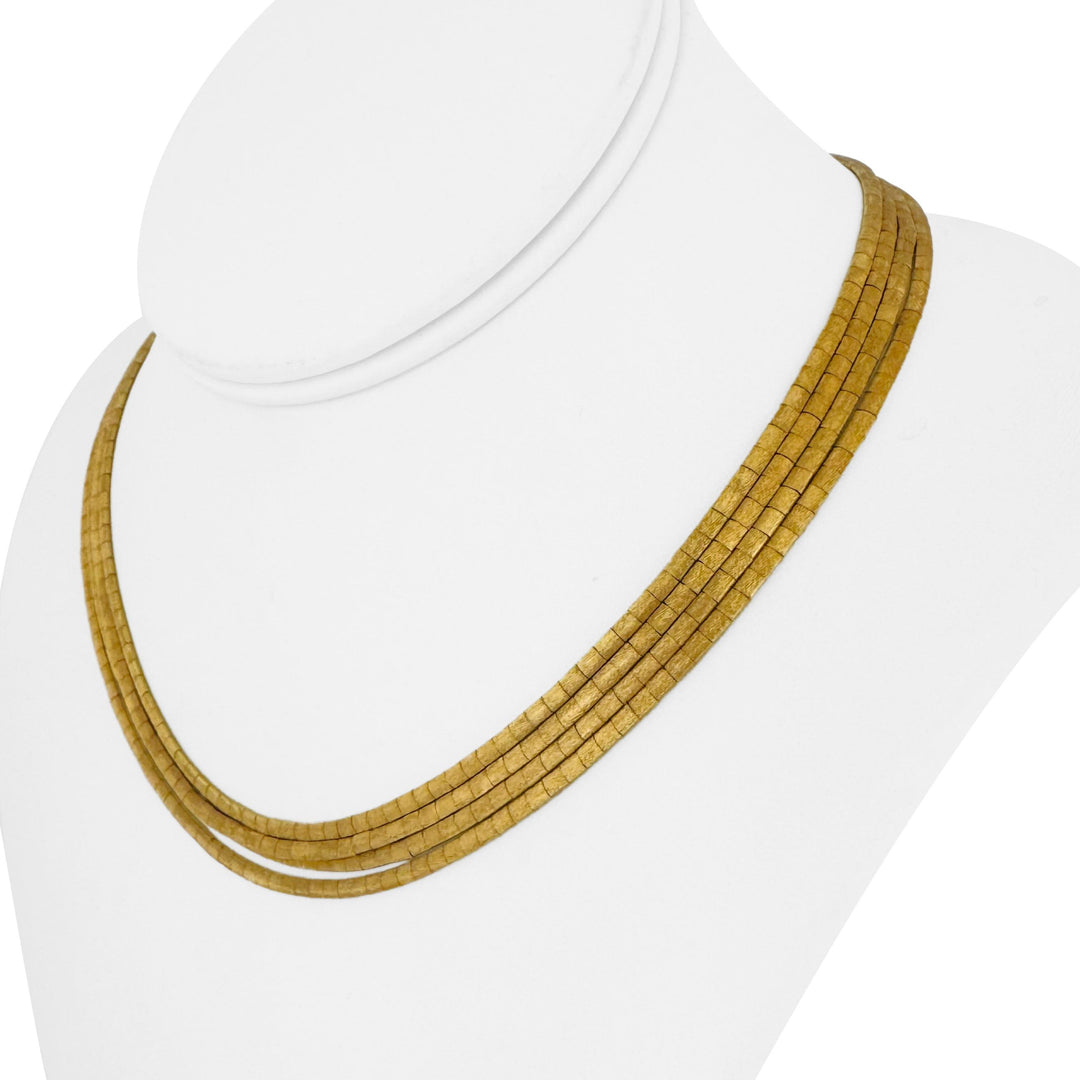 18k Yellow Gold 53.5g Vintage Satin Finish Four Strand Omega Necklace Italy 16"