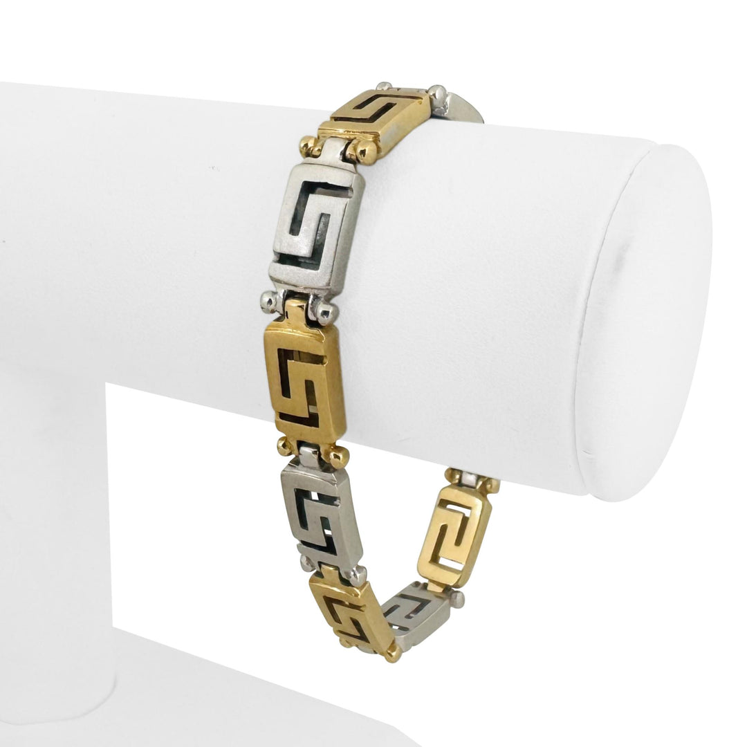 18k Yellow and White Gold 29g Heavy Brushed Finish Greek Key Link Bracelet 7.5"