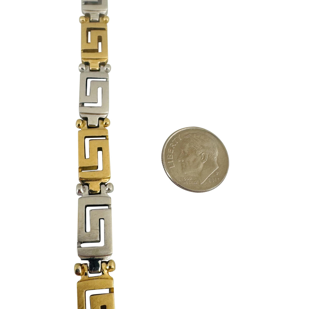 18k Yellow and White Gold 29g Heavy Brushed Finish Greek Key Link Bracelet 7.5"