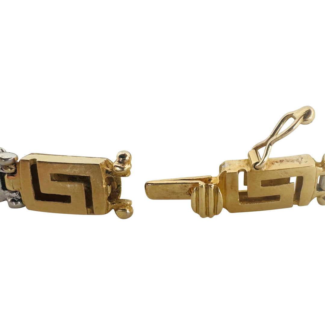 18k Yellow and White Gold 29g Heavy Brushed Finish Greek Key Link Bracelet 7.5"