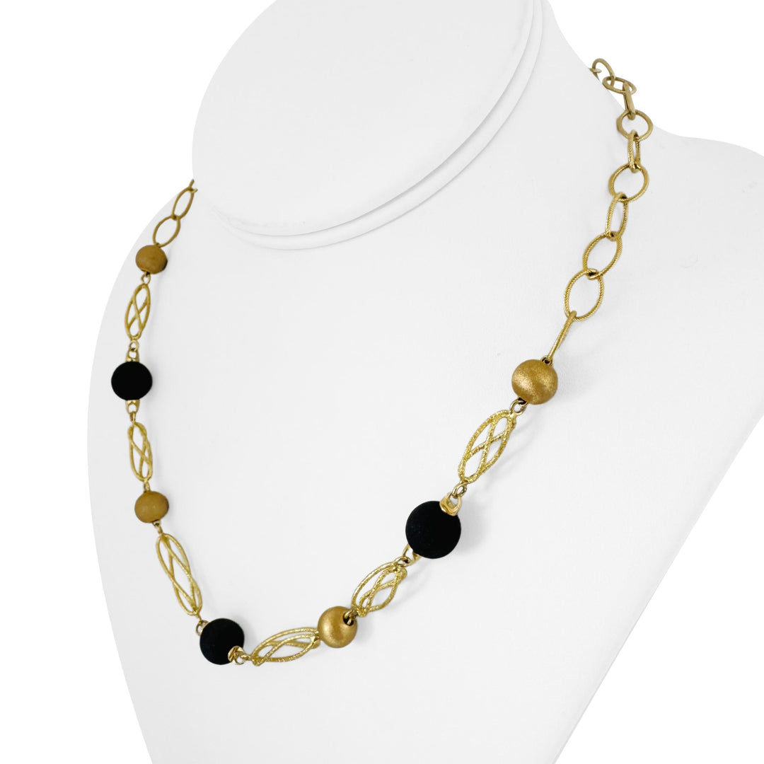 18k Yellow Gold and Black Matte Resin Ball Ladies Necklace Italy 18"