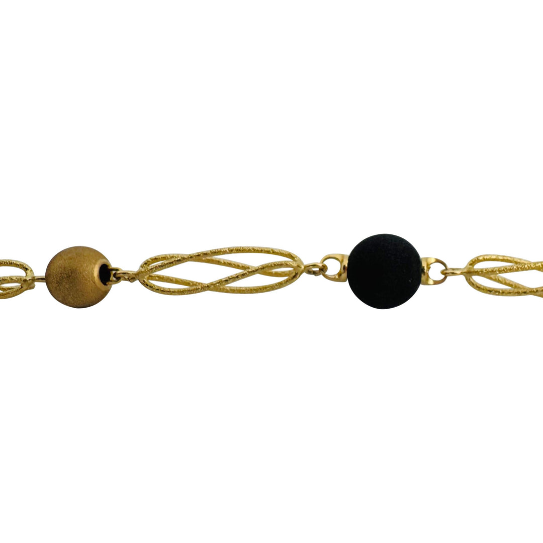 18k Yellow Gold and Black Matte Resin Ball Ladies Necklace Italy 18"