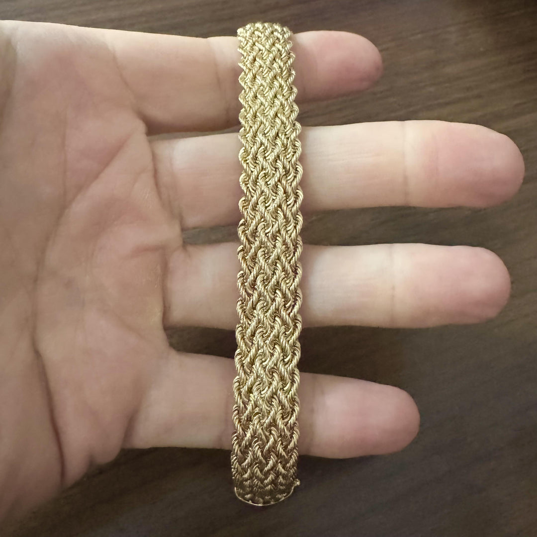 14k Yellow Gold 12.2g Hollow Ladies 14mm Braided Rope Bracelet Peru 7.5"
