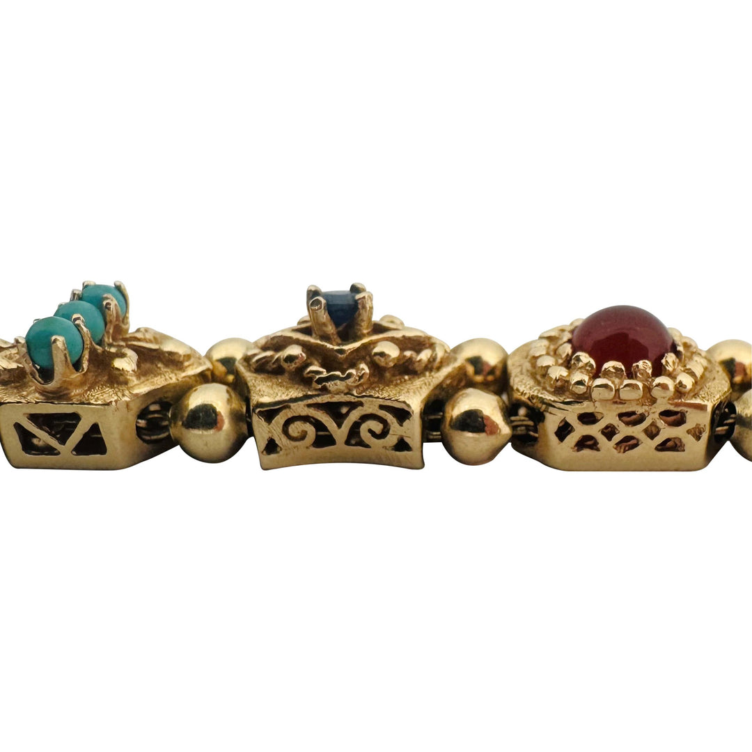 14k Yellow Gold 31.3g Heavy Vintage Multi Gemstone Slide Charm Bracelet 7"