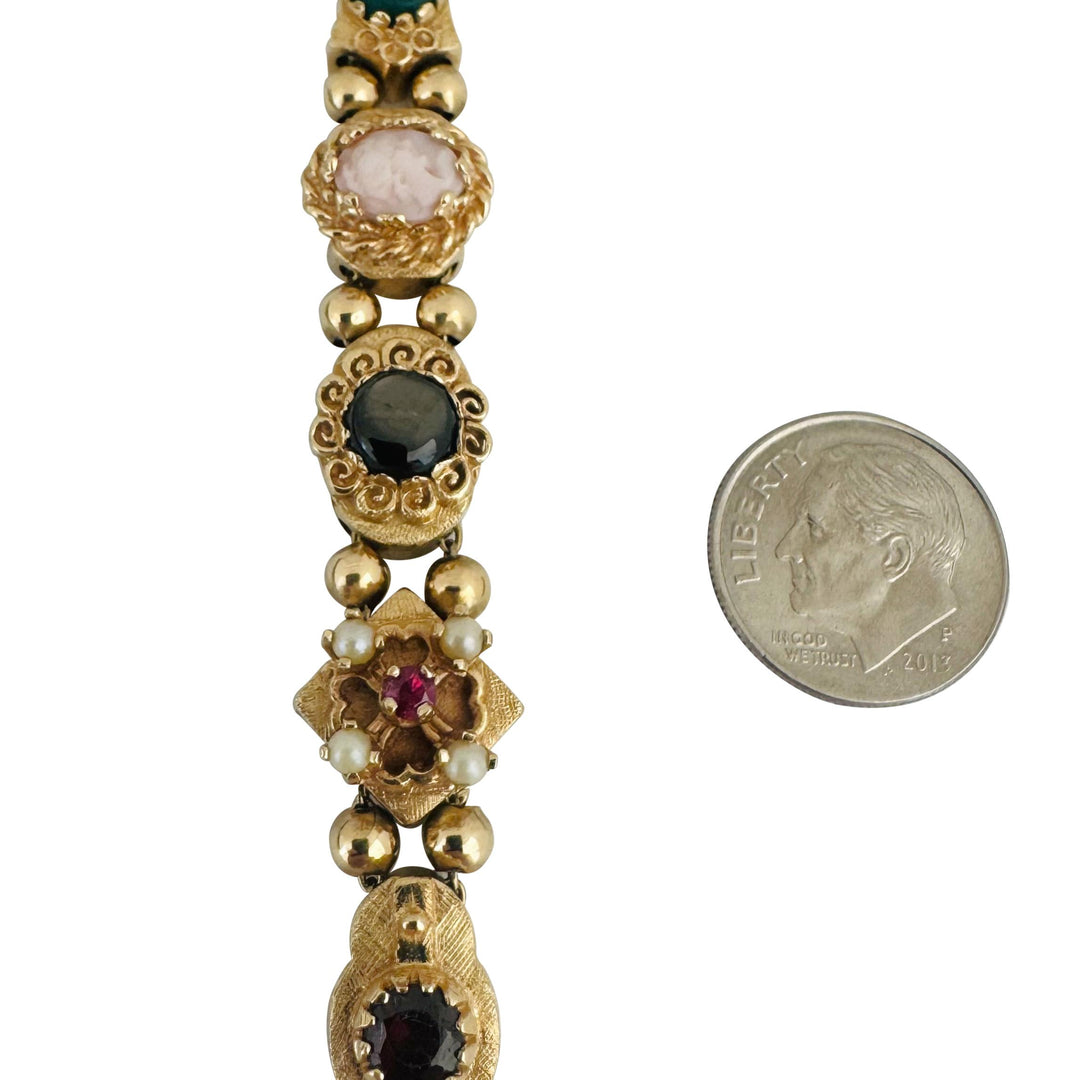 14k Yellow Gold 31.3g Heavy Vintage Multi Gemstone Slide Charm Bracelet 7"