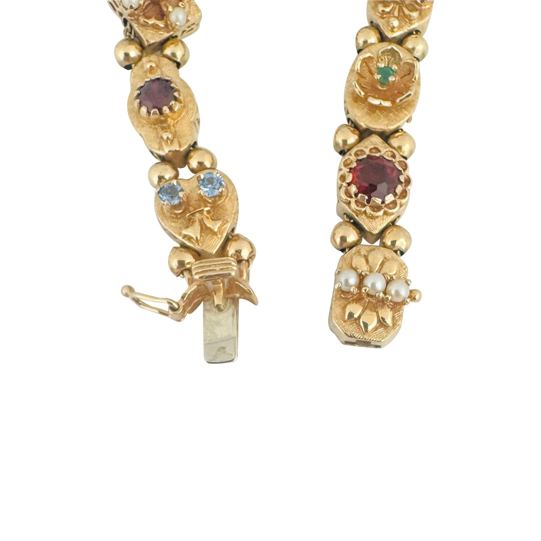 14k Yellow Gold 31.3g Heavy Vintage Multi Gemstone Slide Charm Bracelet 7"