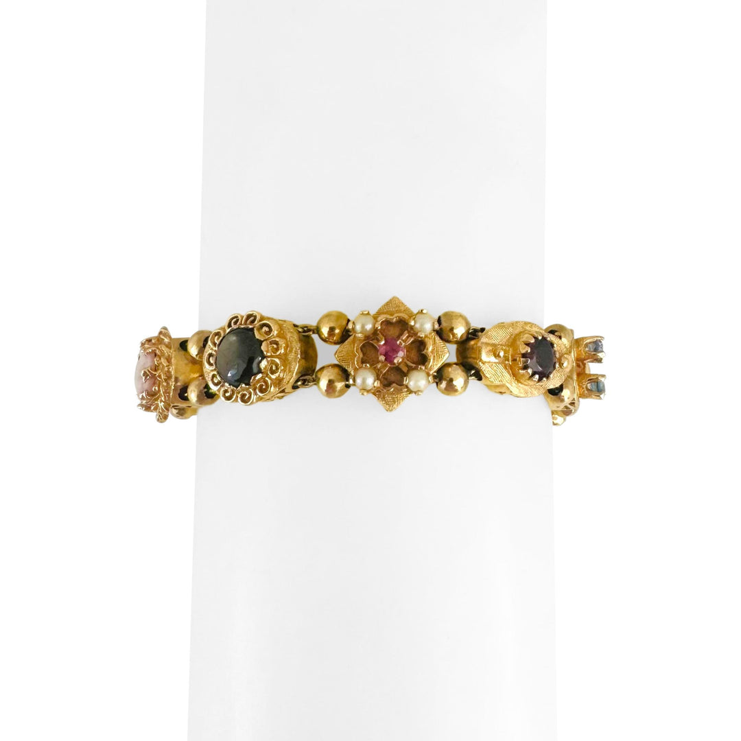 14k Yellow Gold 31.3g Heavy Vintage Multi Gemstone Slide Charm Bracelet 7"