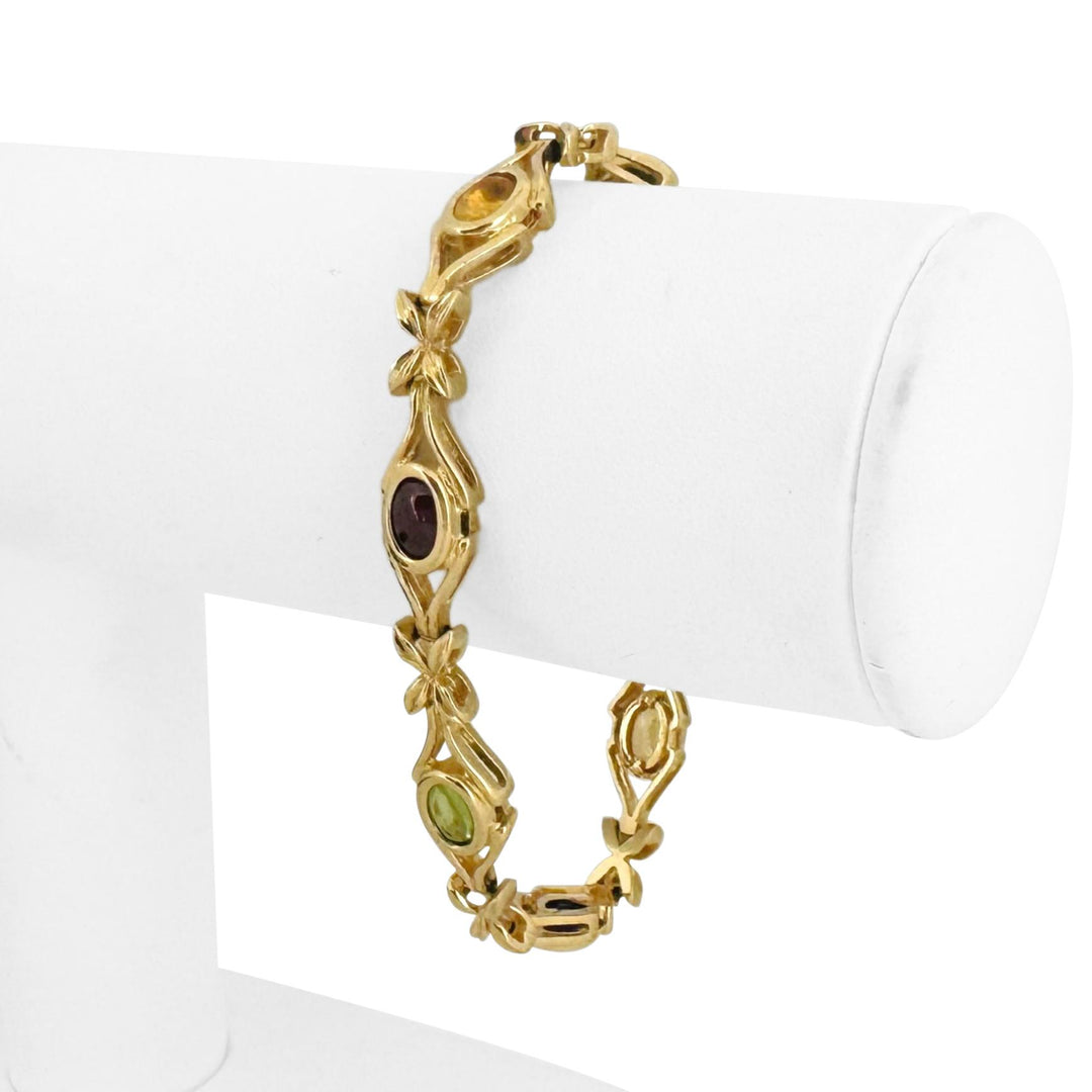 14k Yellow Gold 18.5g Ladies Floral Multi Cabochon Gemstone Link Bracelet 7.25"