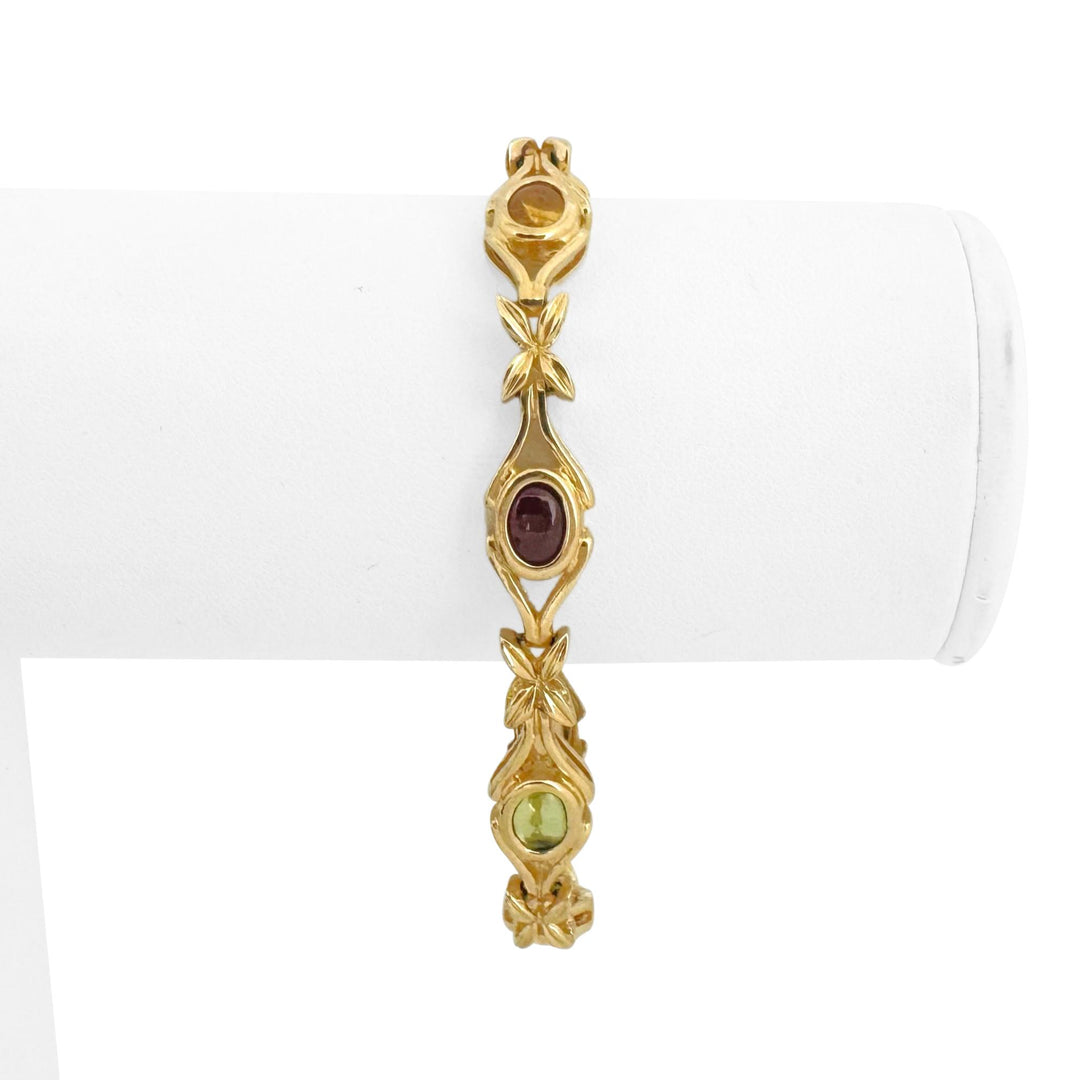 14k Yellow Gold 18.5g Ladies Floral Multi Cabochon Gemstone Link Bracelet 7.25"