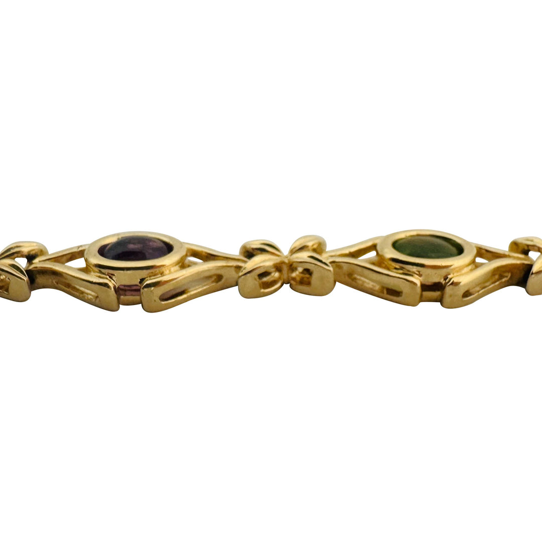 14k Yellow Gold 18.5g Ladies Floral Multi Cabochon Gemstone Link Bracelet 7.25"