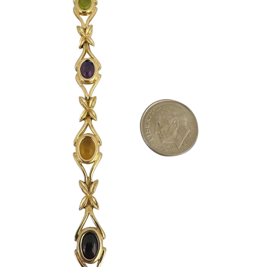 14k Yellow Gold 18.5g Ladies Floral Multi Cabochon Gemstone Link Bracelet 7.25"