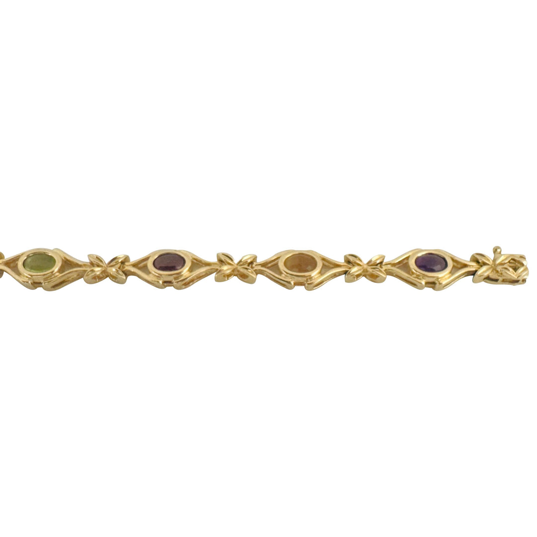 14k Yellow Gold 18.5g Ladies Floral Multi Cabochon Gemstone Link Bracelet 7.25"