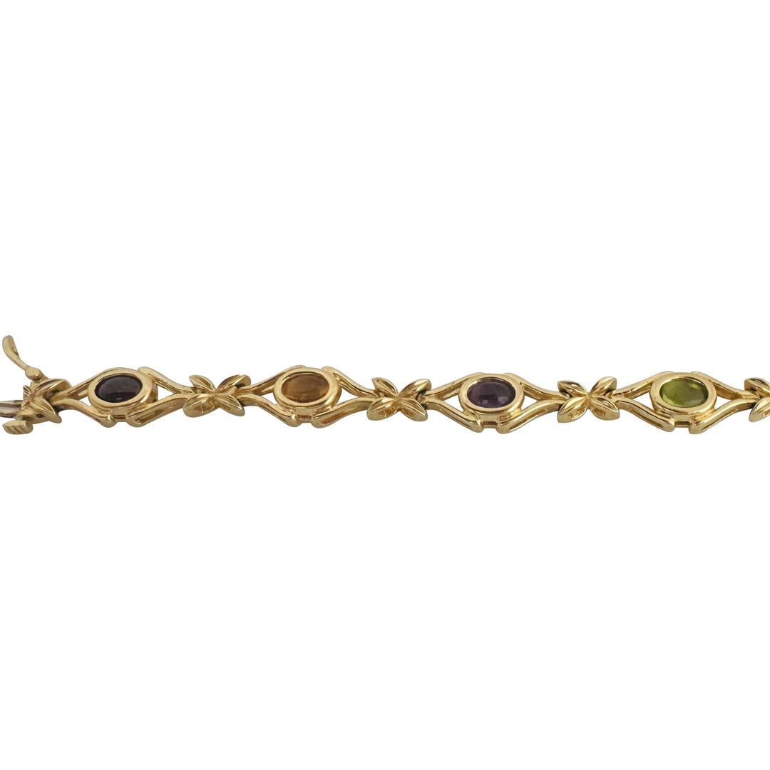 14k Yellow Gold 18.5g Ladies Floral Multi Cabochon Gemstone Link Bracelet 7.25"