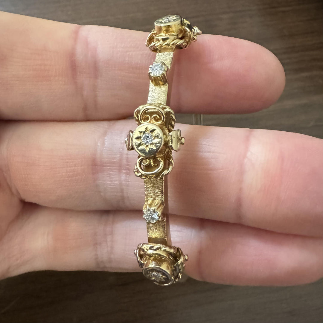 14k Yellow Gold and Diamond 16.3g Solid Vintage Bangle Bracelet 6.5"