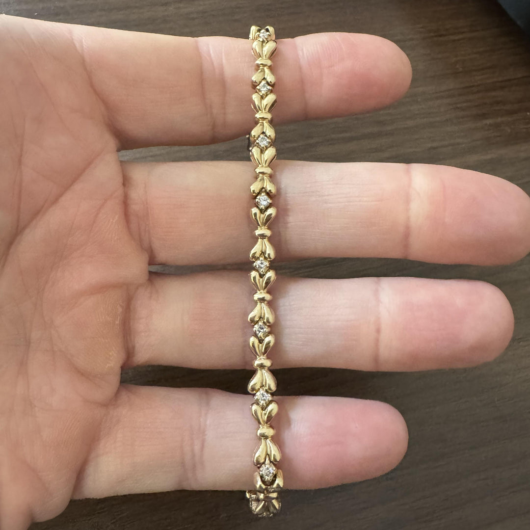 14k Yellow Gold and Diamond 16.5g Solid Vintage Bow Link Bracelet 6.75"