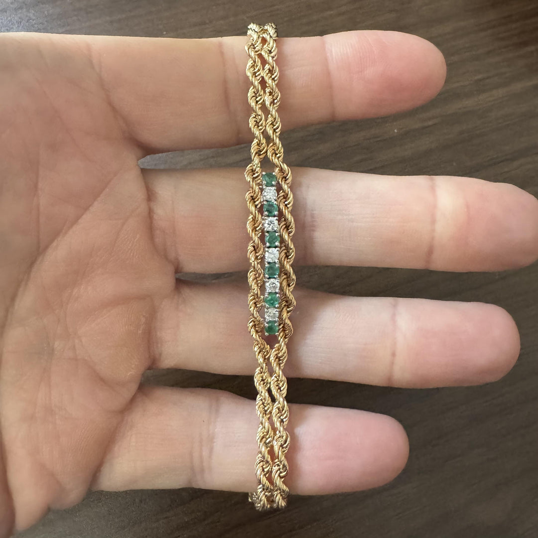 14k Yellow Gold Emerald and Diamond 10.6g Double Rope Bracelet 7"