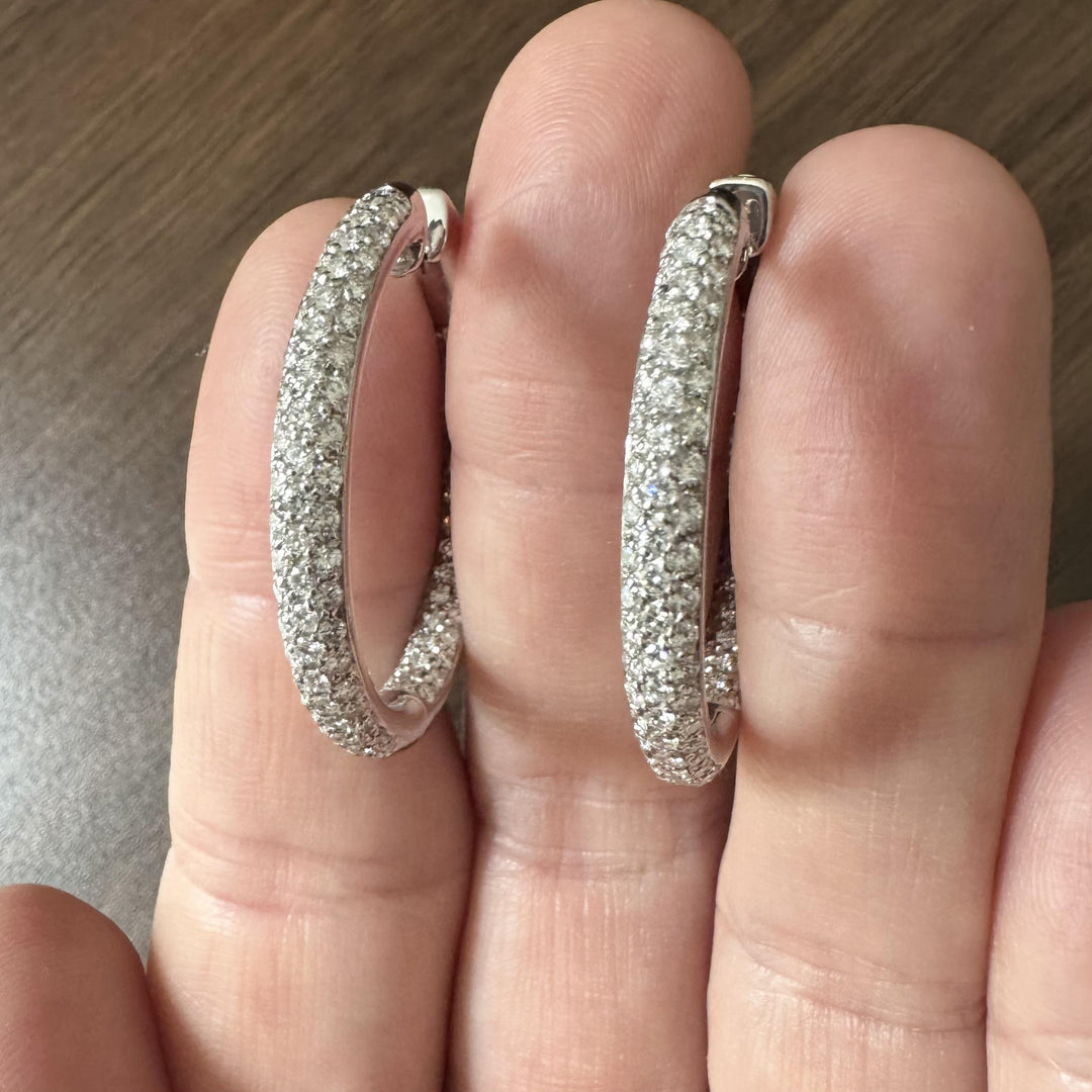 18k White Gold and 3.30cttw Diamond Solid 15.7g Inside Out Hoop Earrings Italy