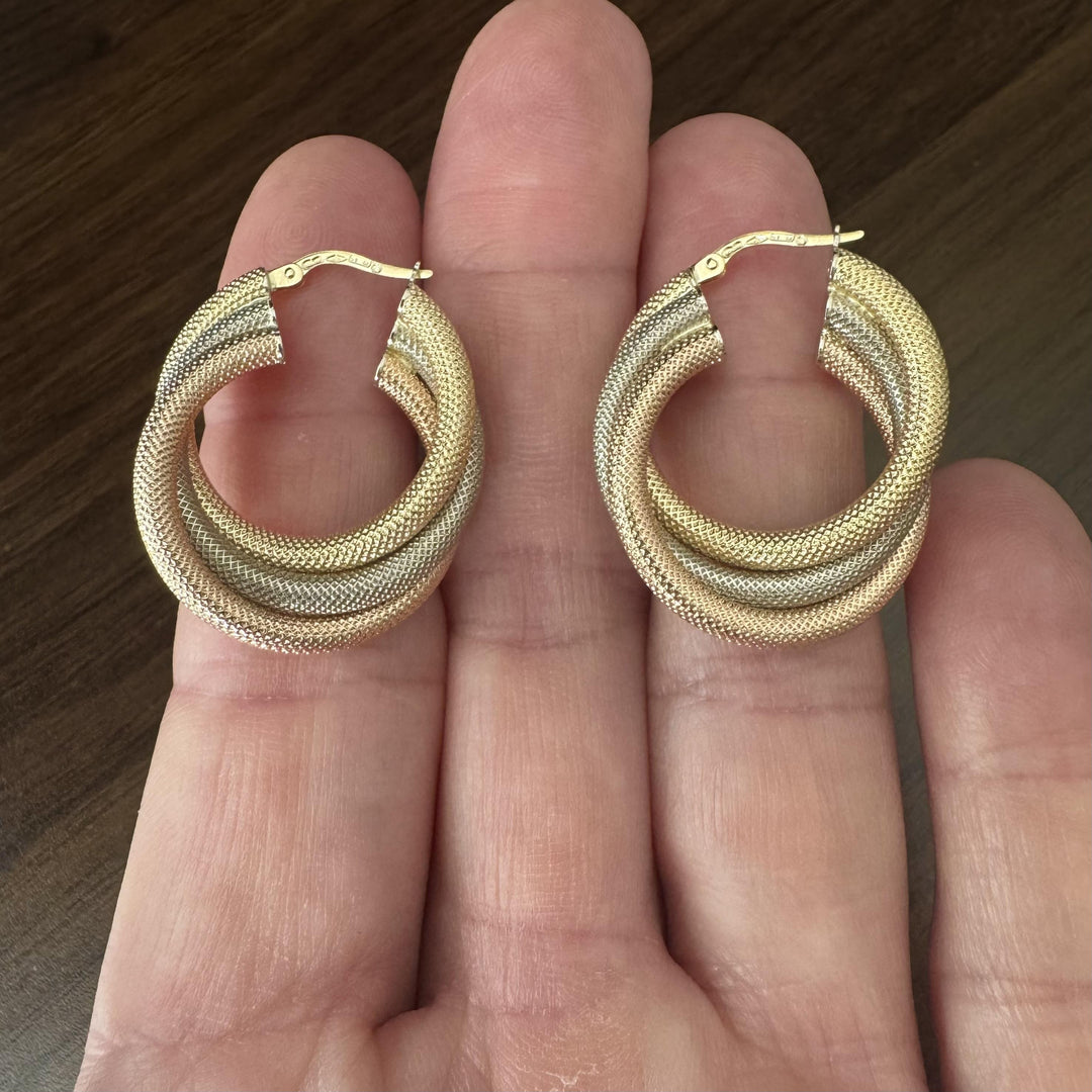 18k Yellow White and Rose Gold 7.8g Textured Twisted Hoop Earrings Italy 1.25"