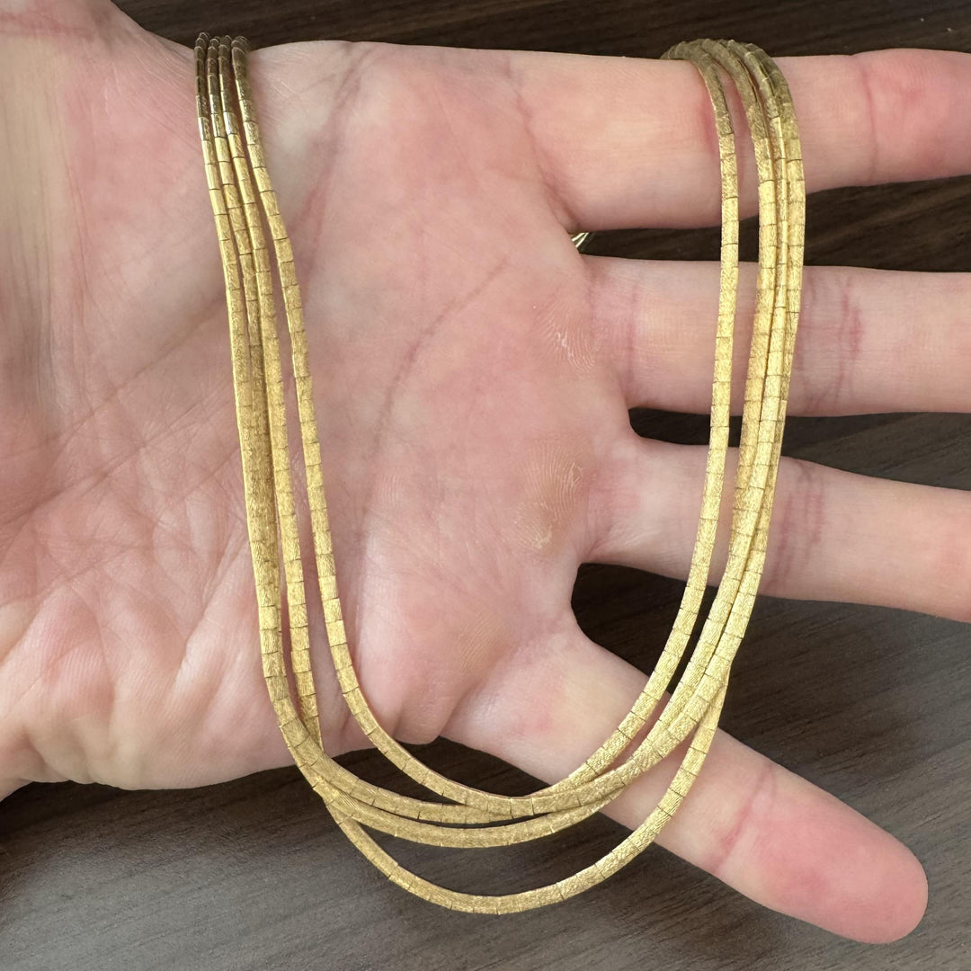 18k Yellow Gold 53.5g Vintage Satin Finish Four Strand Omega Necklace Italy 16"