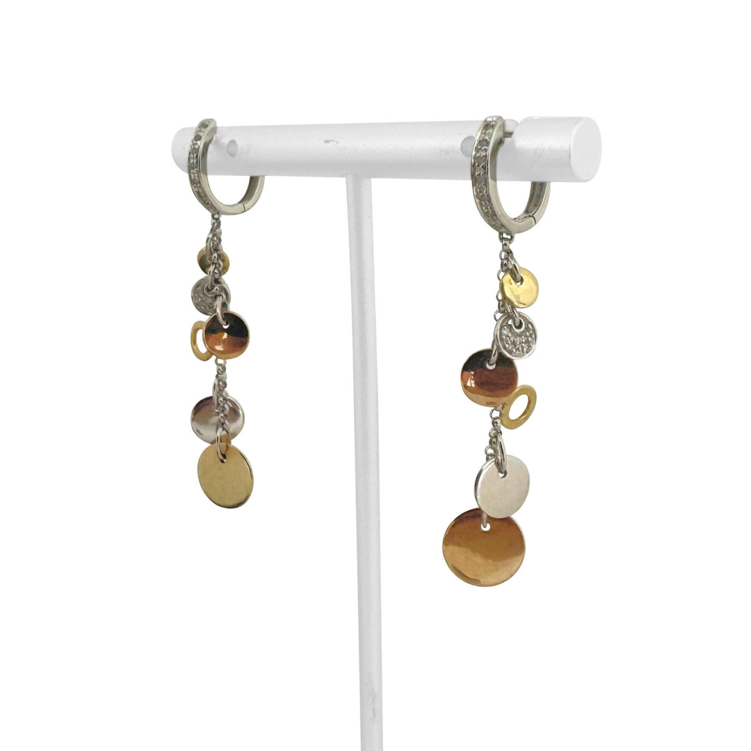 18k Tri Tone Gold and Diamond Circle Drop Dangle Earrings 1.8"
