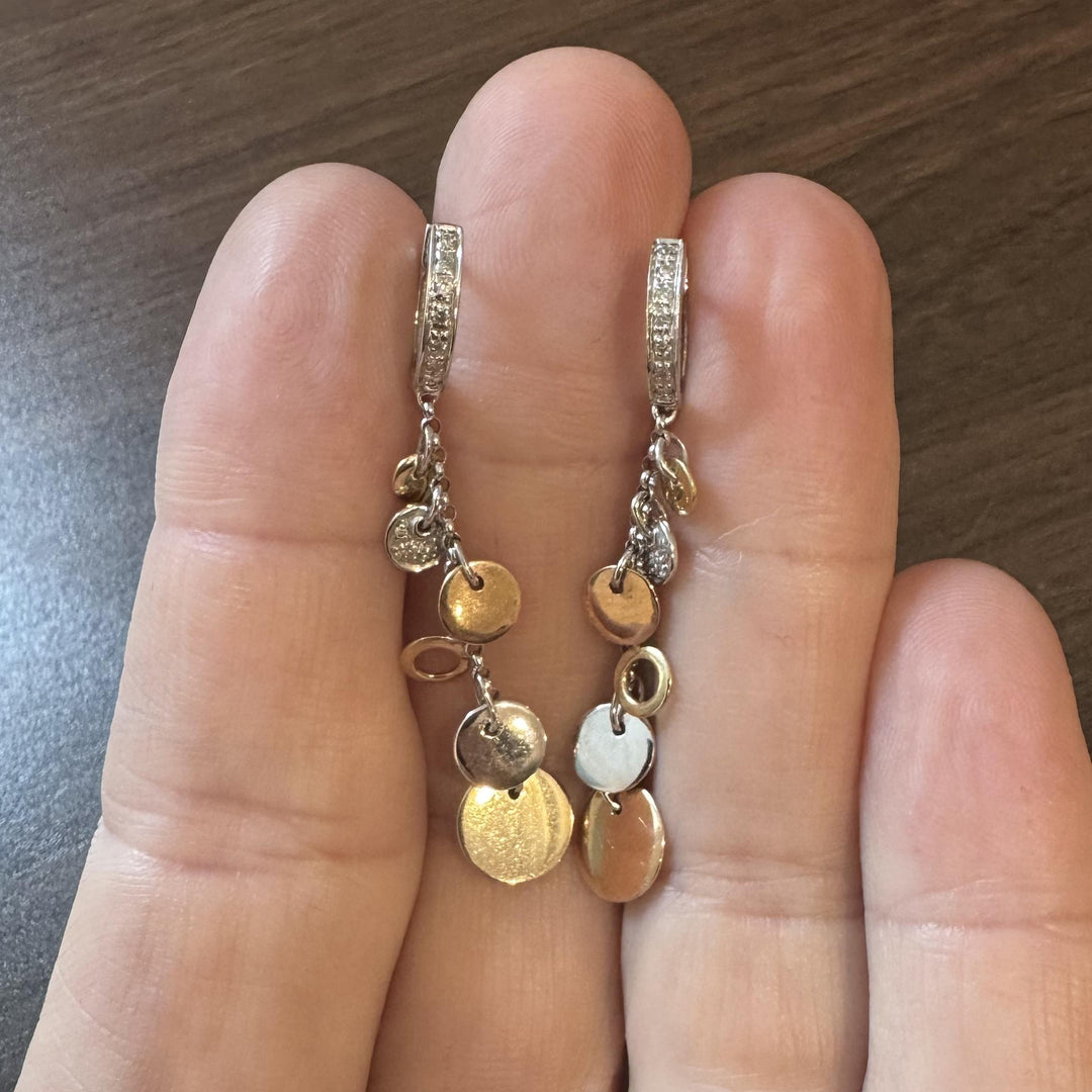 18k Tri Tone Gold and Diamond Circle Drop Dangle Earrings 1.8"
