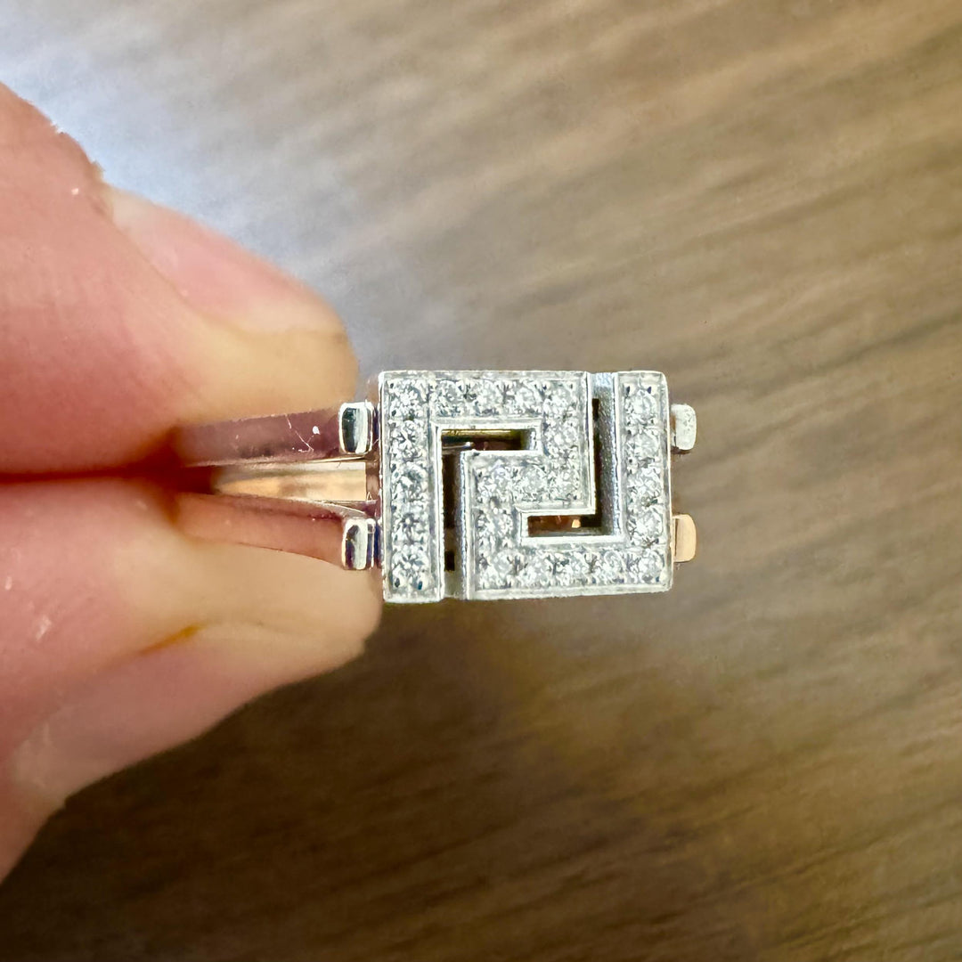 14k White and Rose Gold 5.4g Diamond Greek Key Two Band Ring Size 6.5