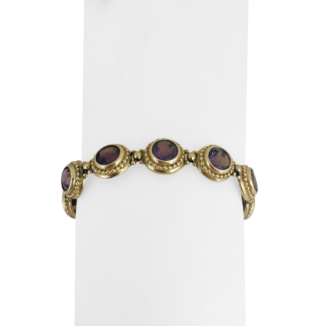 14k Yellow Gold and Bezel Set Amethyst 16.5g Vintage Ladies Bracelet 7.5"