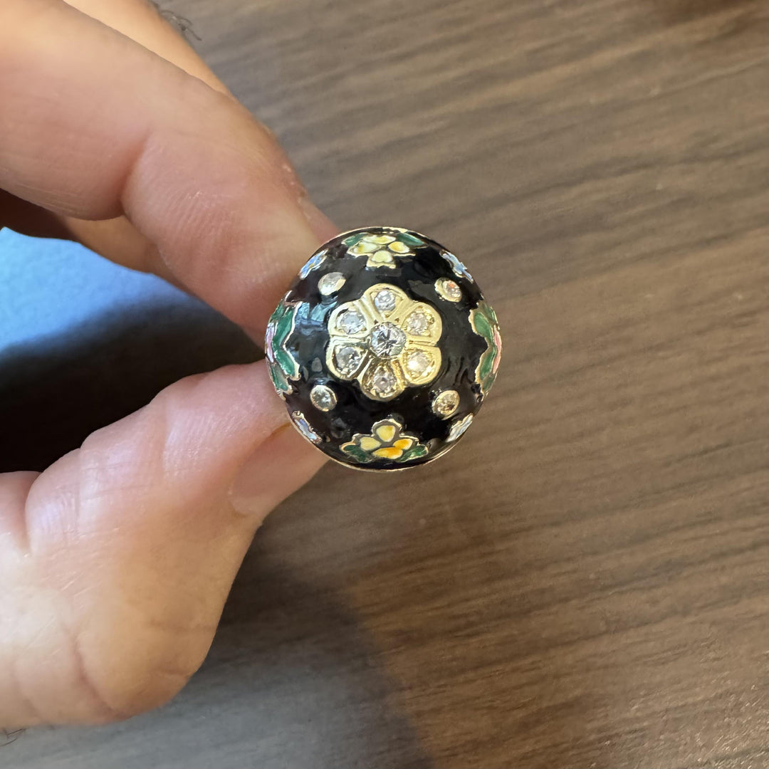 14k Yellow Gold Enamel and Diamond Heavy Bombe Ring Size 4.25