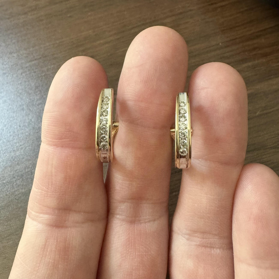 14k Yellow Gold and 0.25cttw Diamond Hoop Huggie Earrings