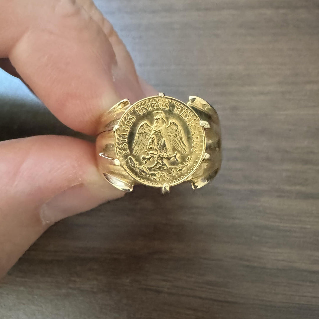 14k Yellow Gold and .900 Mexican Dos Peso Coin Ring Size 9