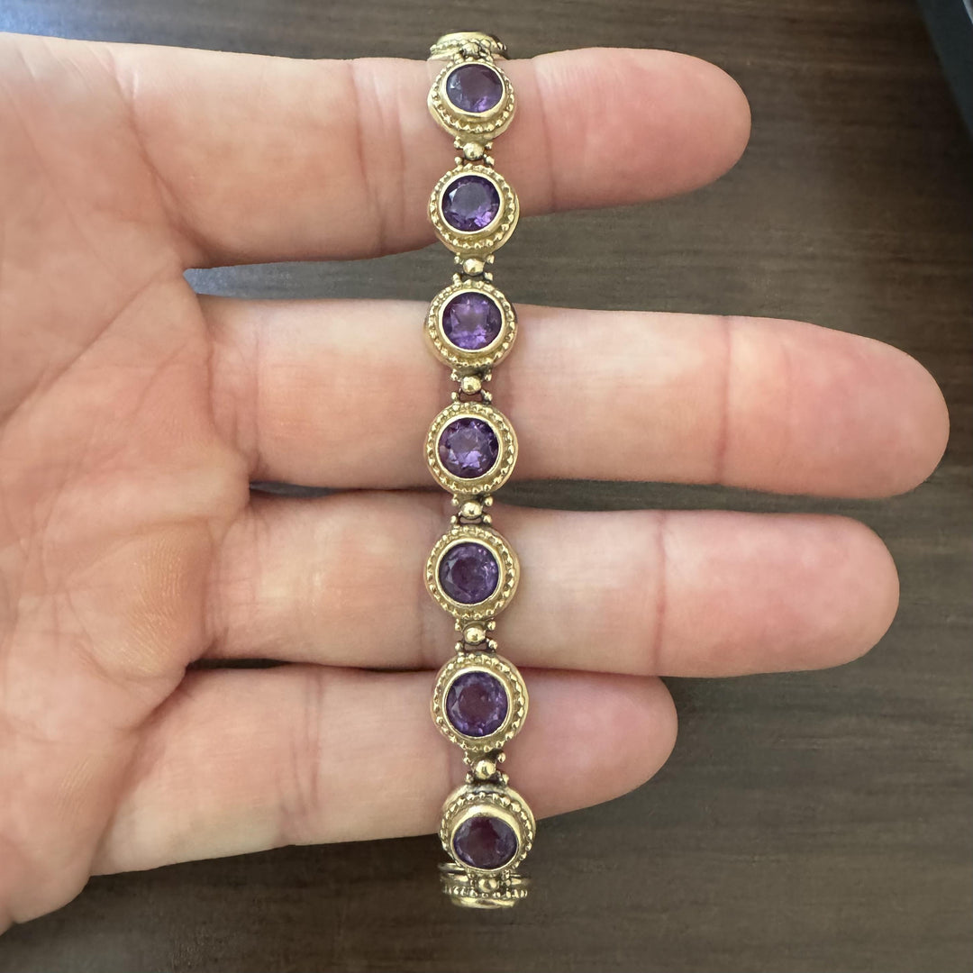 14k Yellow Gold and Bezel Set Amethyst 16.5g Vintage Ladies Bracelet 7.5"