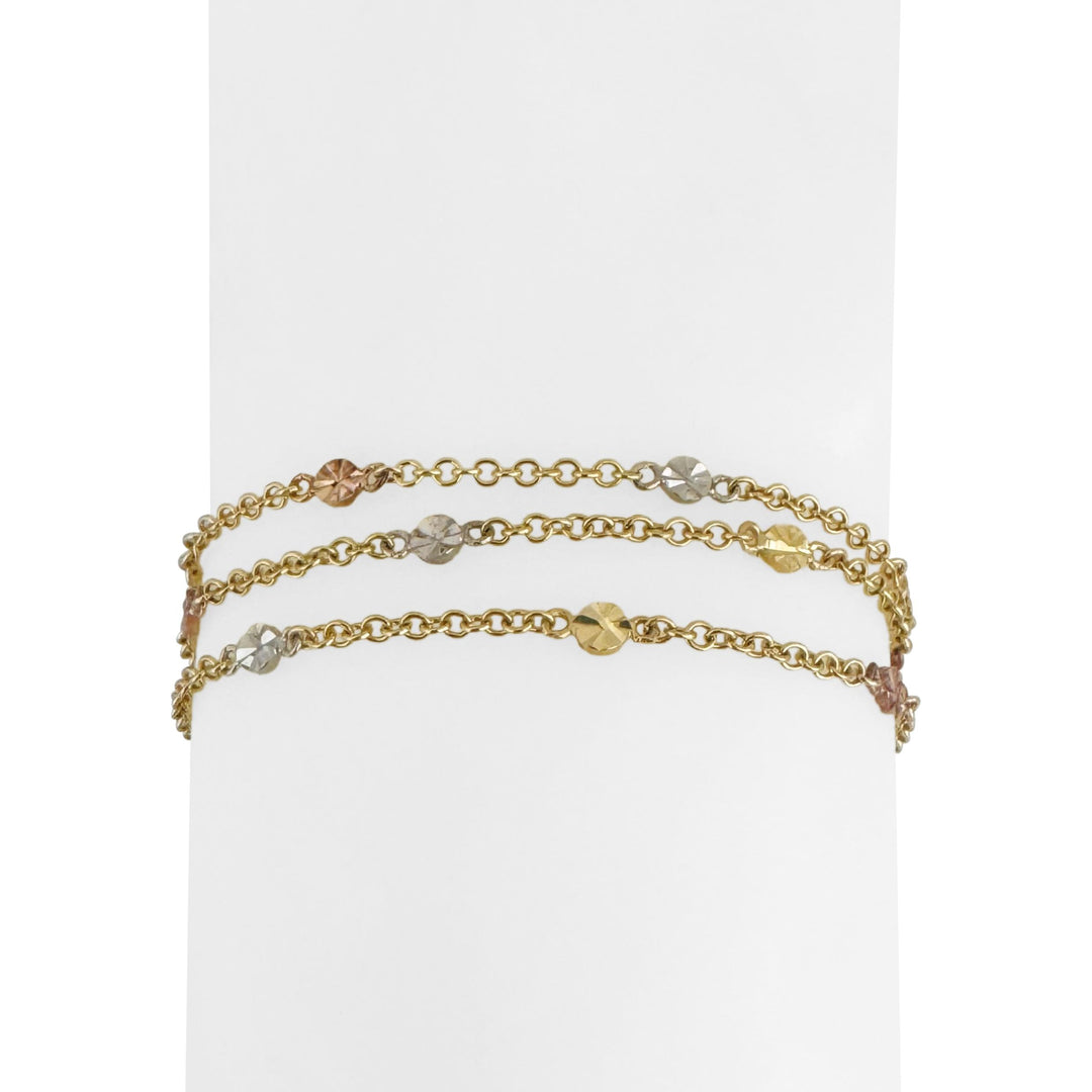 18k Tri Tone Gold 6.5g Triple Strand Station Cable Link Bracelet Italy 7.25"