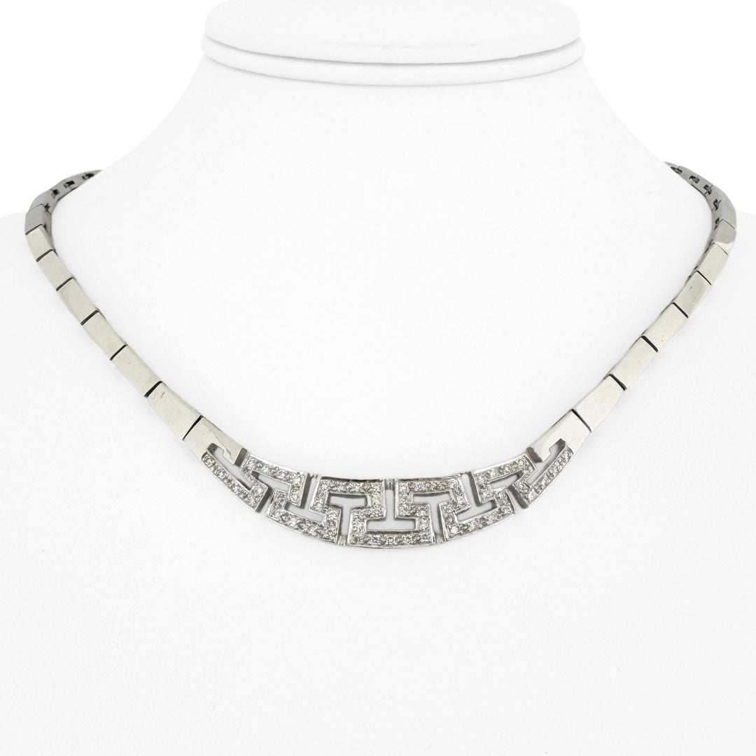 18k White Gold and Diamond 34g Greek Key Bar Link Necklace 17"