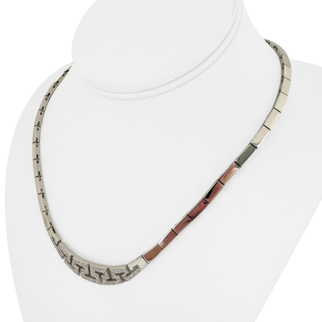 18k White Gold and Diamond 34g Greek Key Bar Link Necklace 17"