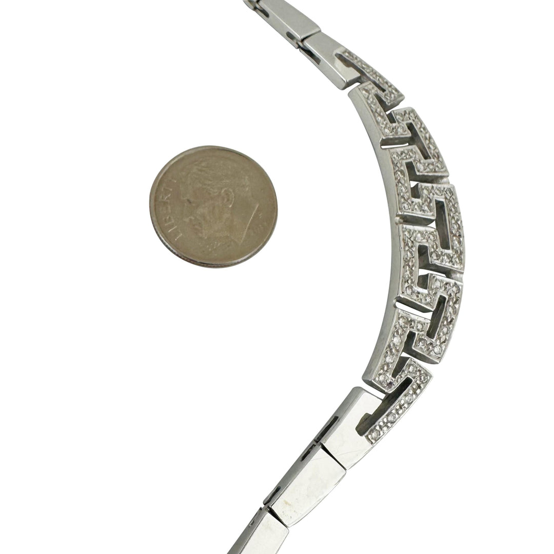 18k White Gold and Diamond 34g Greek Key Bar Link Necklace 17"
