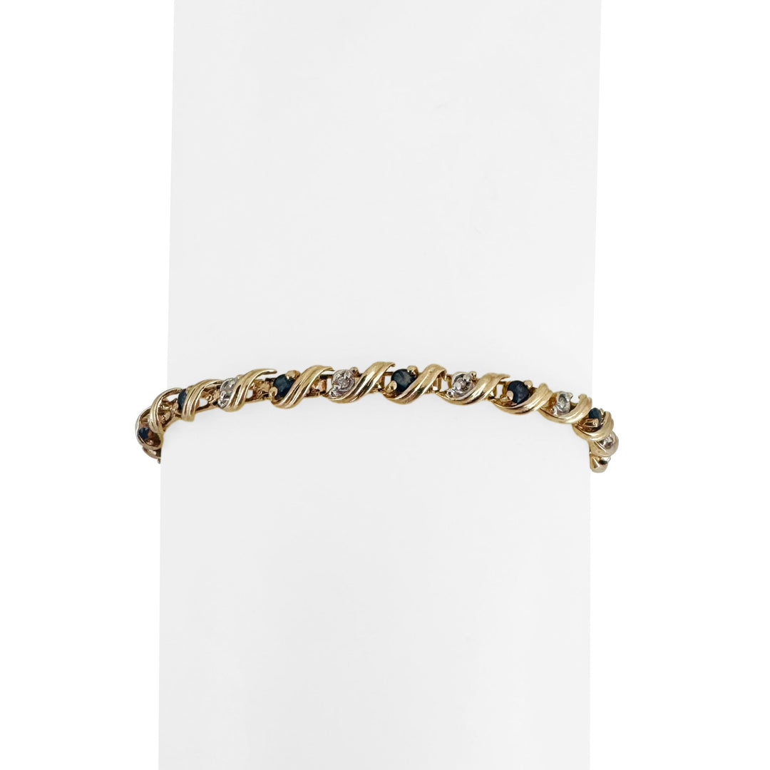 10k Yellow Gold Blue Sapphire and Diamond 5.9g Ladies Bracelet 7.25"