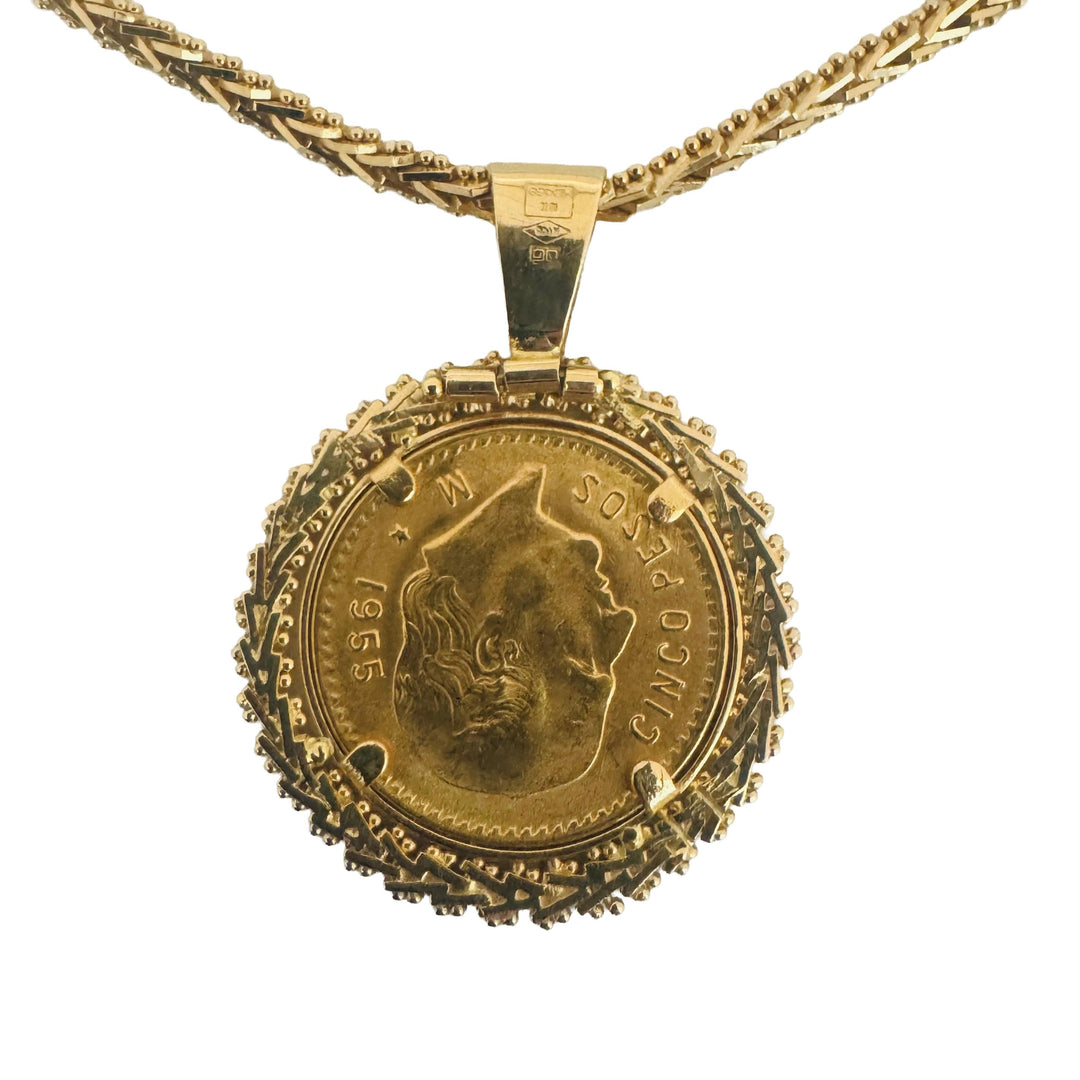 22k Gold Mexican Five Peso Coin and 18k Beaded Wheat Pendant Necklace 16"