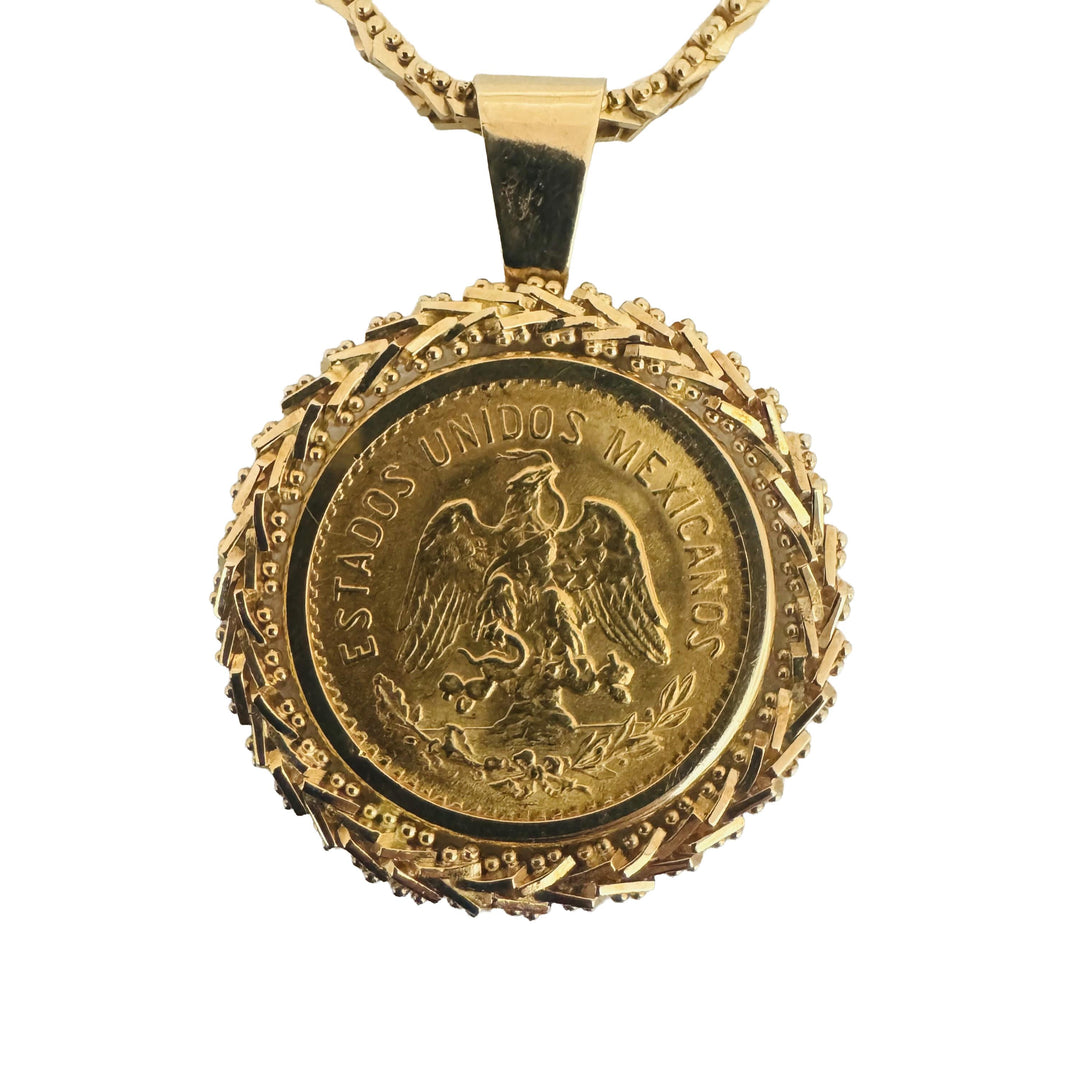 22k Gold Mexican Five Peso Coin and 18k Beaded Wheat Pendant Necklace 16"