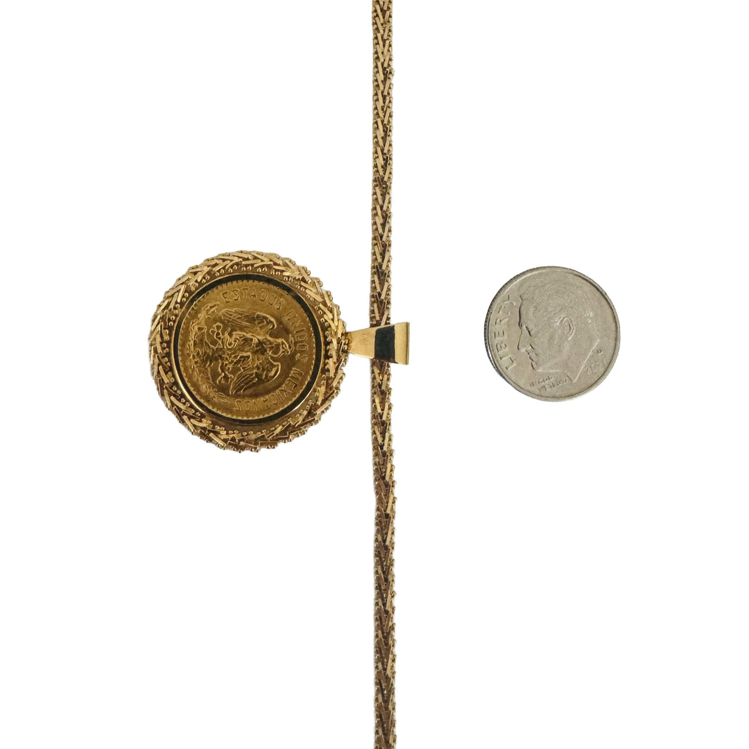 22k Gold Mexican Five Peso Coin and 18k Beaded Wheat Pendant Necklace 16"