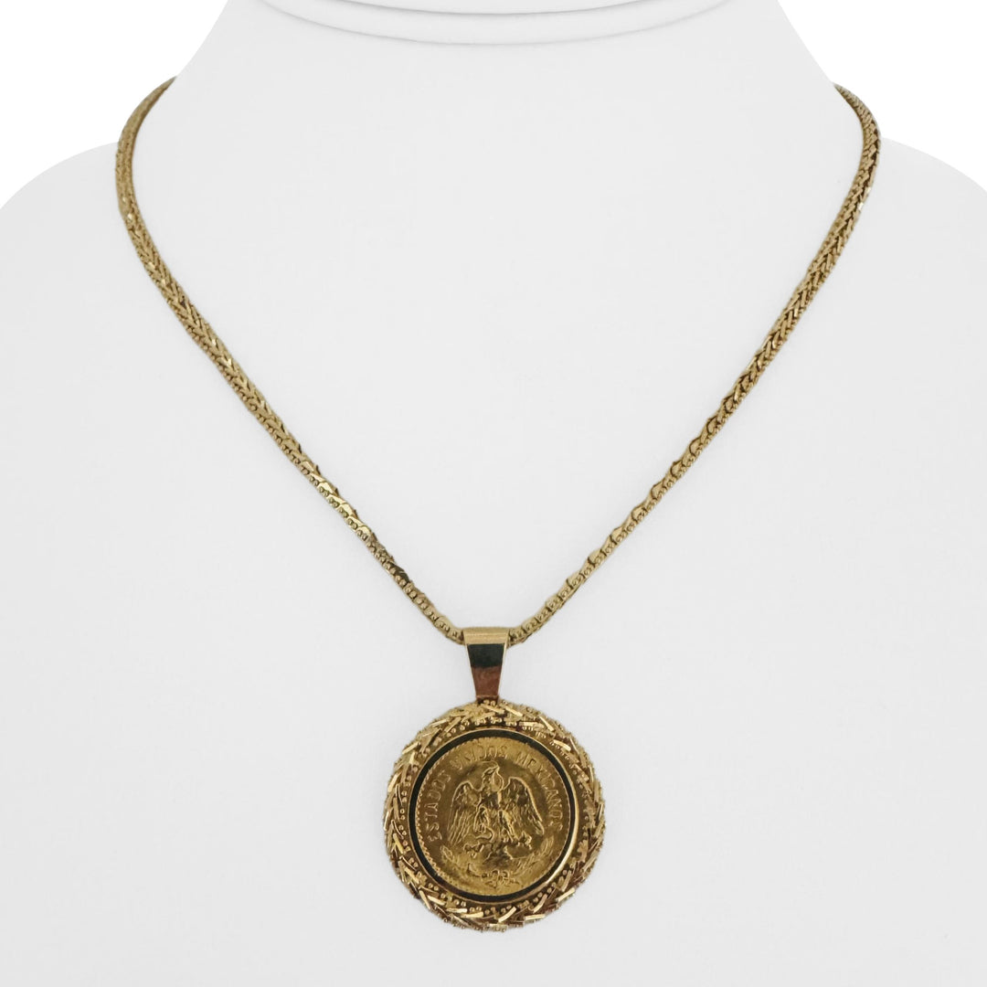 22k Gold Mexican Five Peso Coin and 18k Beaded Wheat Pendant Necklace 16"